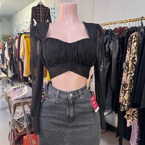 Elegant Black Mesh Long Sleeve Top